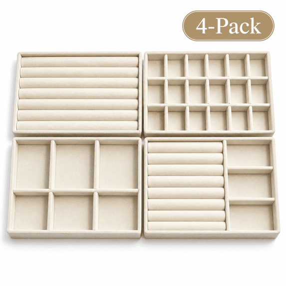 4-Pack Jewelry Tray Drawer Organizer, Stackable Velvet Jewelry Storage Trays for Rings, Earrings, Necklaces and Bracelets, Beige, 8.27 x 4.92 in