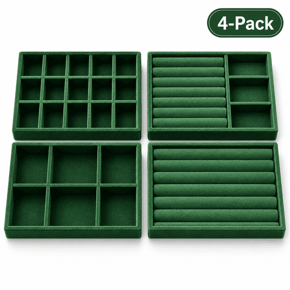 4-Pack Jewelry Tray Drawer Organizer, Stackable Velvet Jewelry Storage Trays for Rings, Earrings, Necklaces and Bracelets, Green, 8.27 x 4.92 in