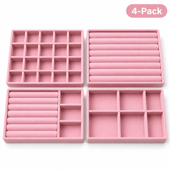 4-Pack Jewelry Tray Drawer Organizer, Stackable Velvet Jewelry Storage Trays for Rings, Earrings, Necklaces and Bracelets, Pink, 8.27 x 4.92 in