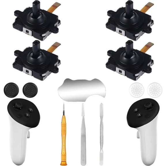 4 Pack Joystick Replacement Kit for Meta Quest 3 Controller (12 in one), Repair Kit for Oculus Quest 3Controller, Include 4 Joysticks, 4 Thumbstick Grips, T5 Screwdriver, Tweezer, Pry Tool