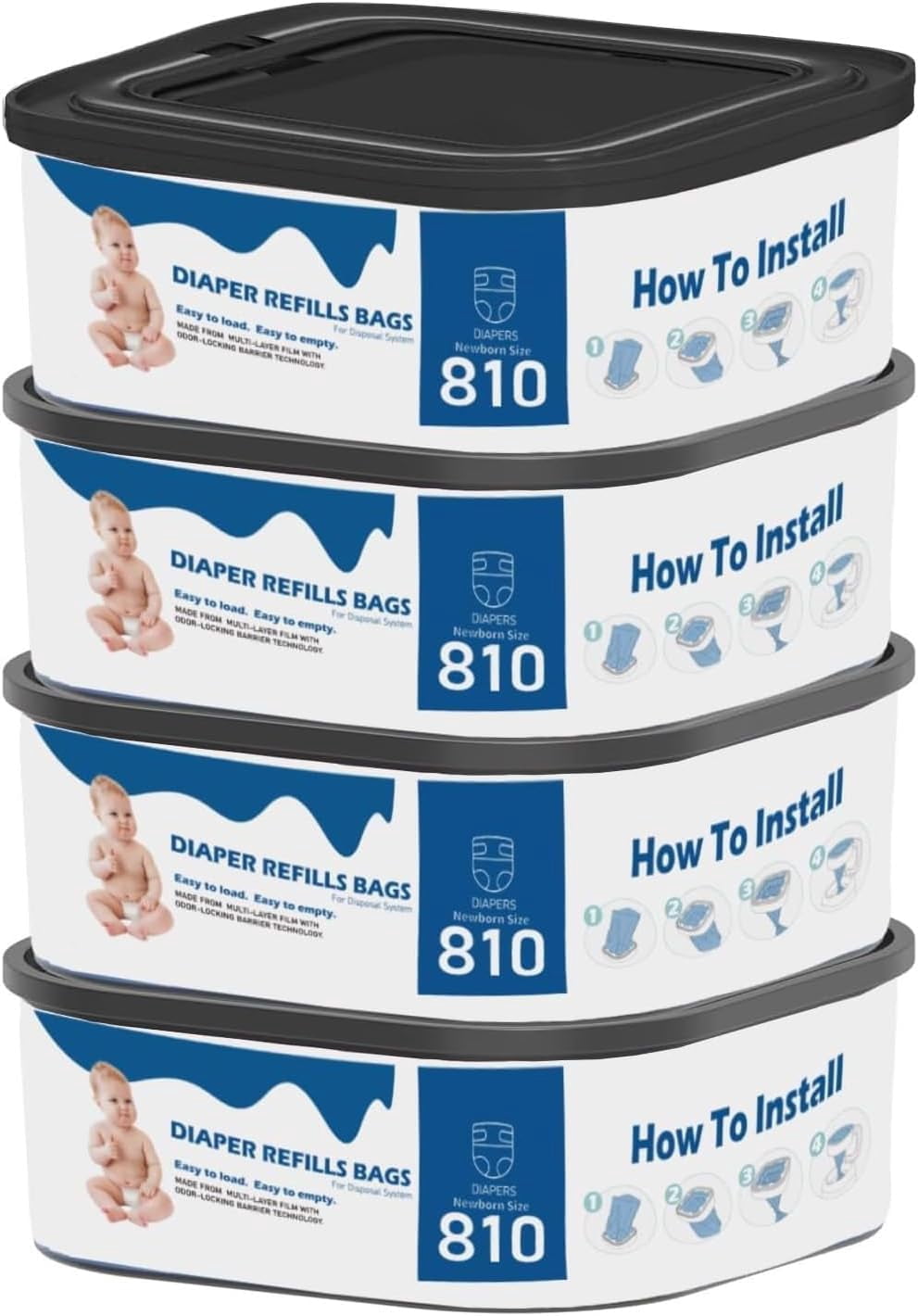 4 Pack Jumbo Bags Refill Compatible with Diaper Genie Compact, Select Pails (Not Fit Classic), Max Order Control, Holds Up to 810 Newborn Diapers, Disposal Bag Refills with Continuous Film