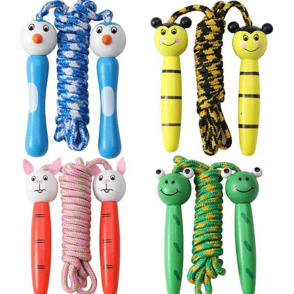 4 Pack Jump Ropes with Wood Handles for Kids - Animal Face Characters - 6.5 Feet Rope Length - Perfect for Children, Birthdays, Party Favors, Outdoor Fun
