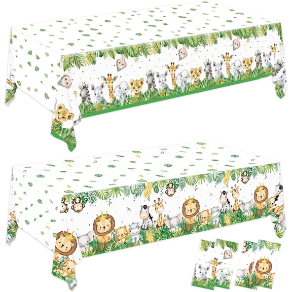 4 Pack Jungle Safari Tablecloths, Wild One Table Cover, Animals Plastic Plastic Table Cloth for Sage Green Safari Baby Shower Decorations, 108×54 Inch