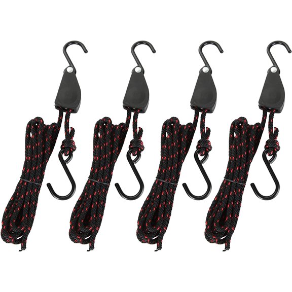 4 Pack Kayak Rope Tie Downs Ratchet Straps, 1/4" x 11.8ft Kayak Ratchet Tie Downs Canoe Bow and Stern Tie Down Straps, Heavy Duty Adjustable Rope Clip Tie Down Kayak and Canoe Accessories