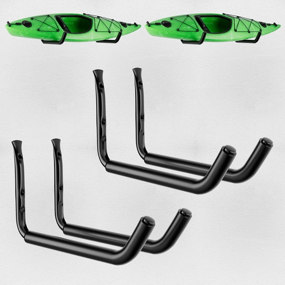 4 Pack Kayak Wall Mount Rack, Heavy Duty 120 LBS Garage Storage Hooks, 15 Inch Wide Utility Hangers for Canoe, SUP, Surfboard, Ladders, Lumber & Tools (Black)