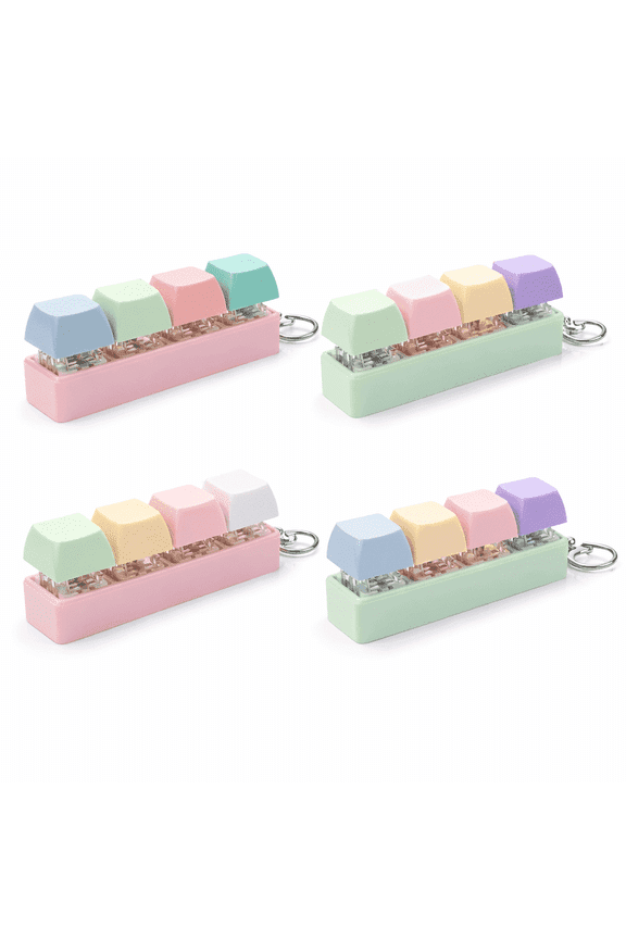 4 Pack Clicky Key Press Fidget Keychains, Mini 4-Key Keyboard Keycap Keychain Set, Assorted Colors, Clip-On Bag & Keys