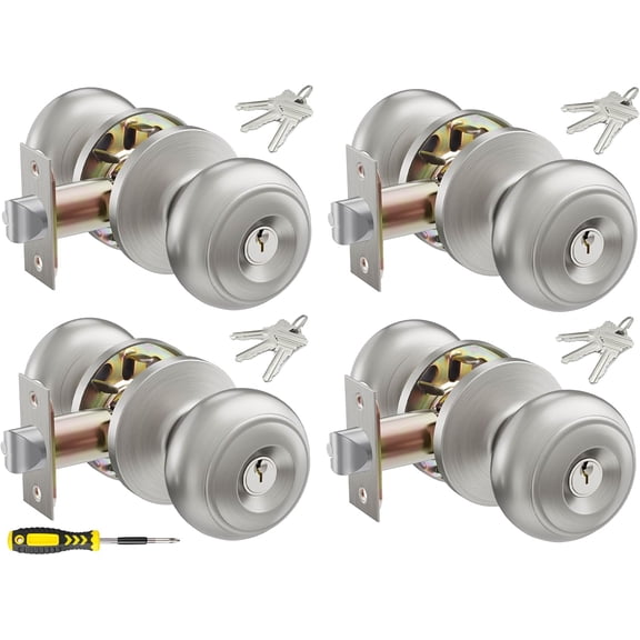 4 Pack Keyed Entry Door Knob Set, All Keyed Same Exterior and Interior Stainless Steel Door Locks, Satin Nickel Front/Entrance Door Knobs Handle