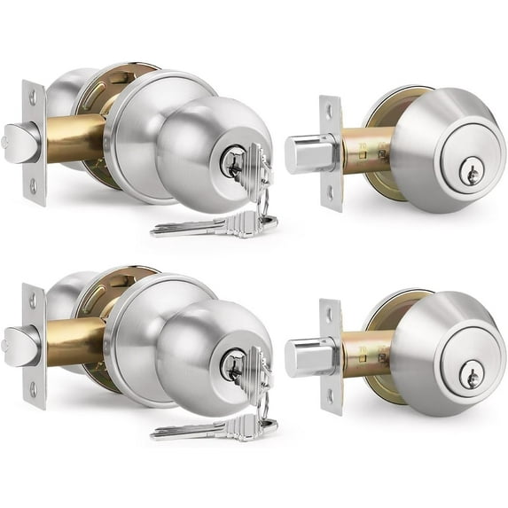 4 Pack Keyed Entry Door Knob and Single Cylinder Deadbolt Combination Set in Satin Nickel, Keyed Alike Exterior Knob Door Handle and Deadbolt Lock and Key, Round Locking Lever Handle Set