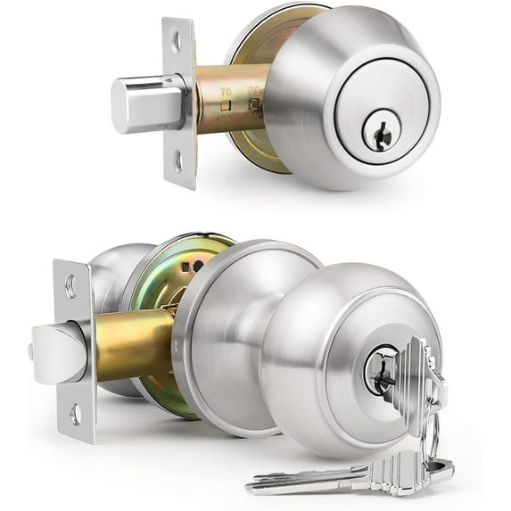 4 Pack Keyed Entry Door Knob and Single Cylinder Deadbolt Combination Set in Satin Nickel, Keyed Alike Exterior Knob Door Handle and Deadbolt Lock and Key, Round Locking Lever Handle Set