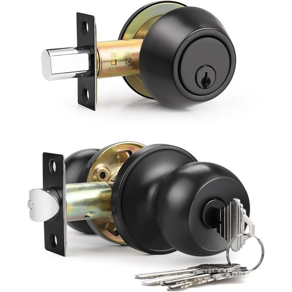 4 Pack Keyed Entry Door Knob and Single Cylinder Deadbolt Combination Set in Satin Nickel, Keyed Alike Exterior Knob Door Handle and Deadbolt Lock and Key, Round Locking Lever Handle Set