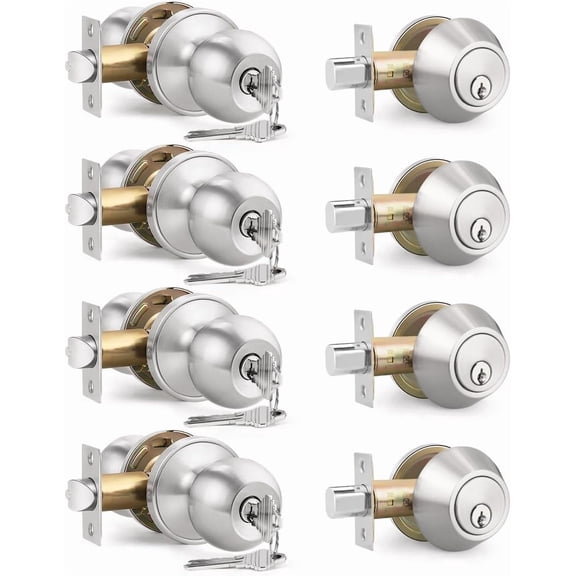 4 Pack Keyed Entry Door Knob and Single Cylinder Deadbolt Combination Set in Satin Nickel, Keyed Alike Exterior Knob Door Handle and Deadbolt Lock and Key, Round Locking Lever Handle Set