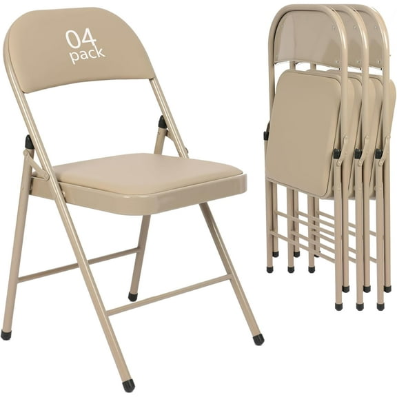 4 Pack Khaki Folding Chairs with Padded Seats for Outdoor & Indoor，Padded Folding Chairs for Events Office Wedding Party，Portable Stackable Leather Folding Chair（Urban Khaki，4pack）