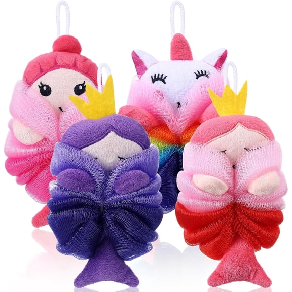 4 Pack Kids Bath Loofahs Unicorn Pig Cow Bath Sponges, Soft Mesh Shower Poufs for Daily Bath Time