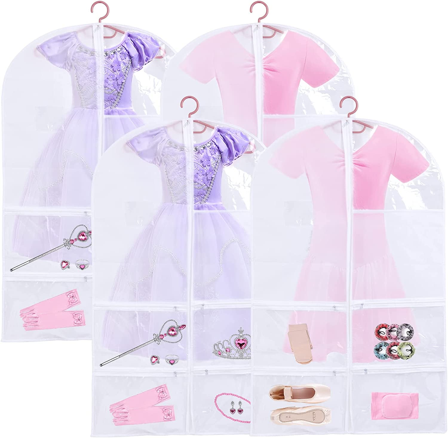 4 Pack Kids Garment Bags for Dance Costumes, Hanging Dance Garment Bag