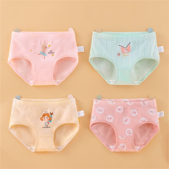 4 Pack Kids Girls Soft Cotton Printed Briefs Chafe-Free Full Coverage Casual Daily Underpants Cute Cartoon Pattern for School Little Girls 5 To 12 Years Old Pink L