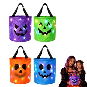 4 Pack Kids Halloween LED Pumpkin Baskets Light Up Trick or Treat Candy Bags Reusable Party Supplies Spooky Season Gift