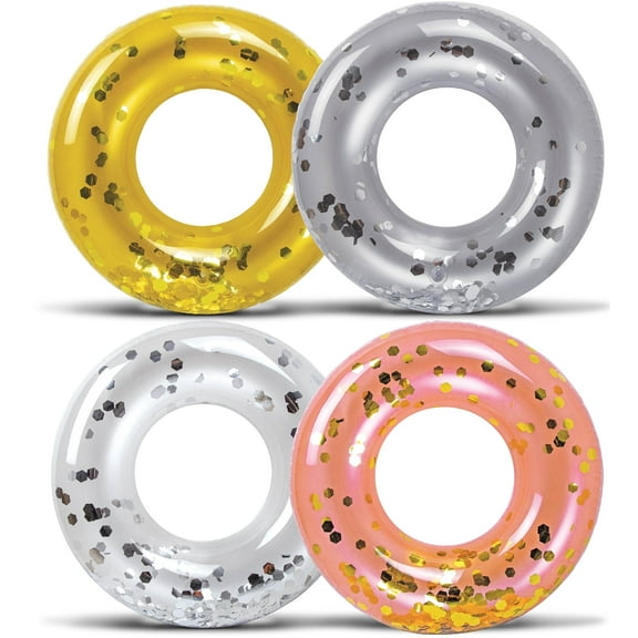 POZA 4 Pack Inflatable Pool Floats For Kids - Sparkling Confetti-Filled Round Swimming Floating Tubes in Pearl, Gold, Silver, And Rose Gold colors; Have Fun with these Kids Pool Float Toys- 23 inches