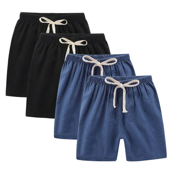 4 Pack Kids Shorts Cotton Linen Elastic Waist Drawstring Solid Color Pants Summer Casual Sports Outfits (3 Years, 2*Black,2*Navy)
