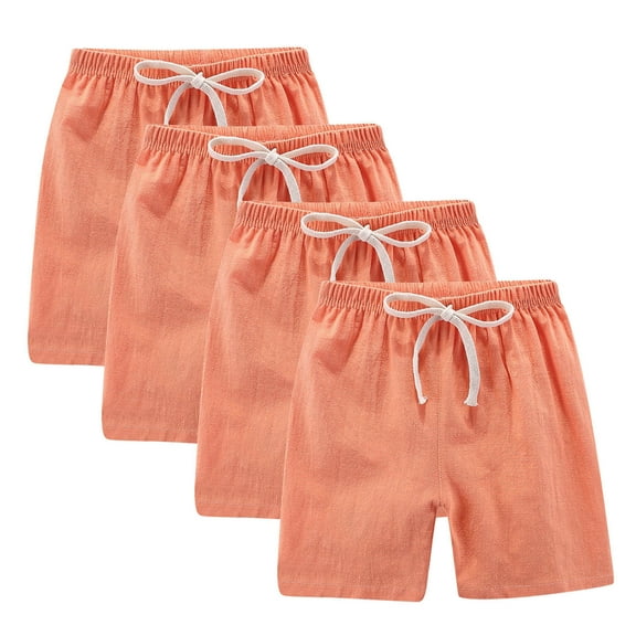 4 Pack Kids Shorts Cotton Linen Elastic Waist Drawstring Solid Color Pants Summer Casual Sports Outfits (3 Years, 4*Orange)