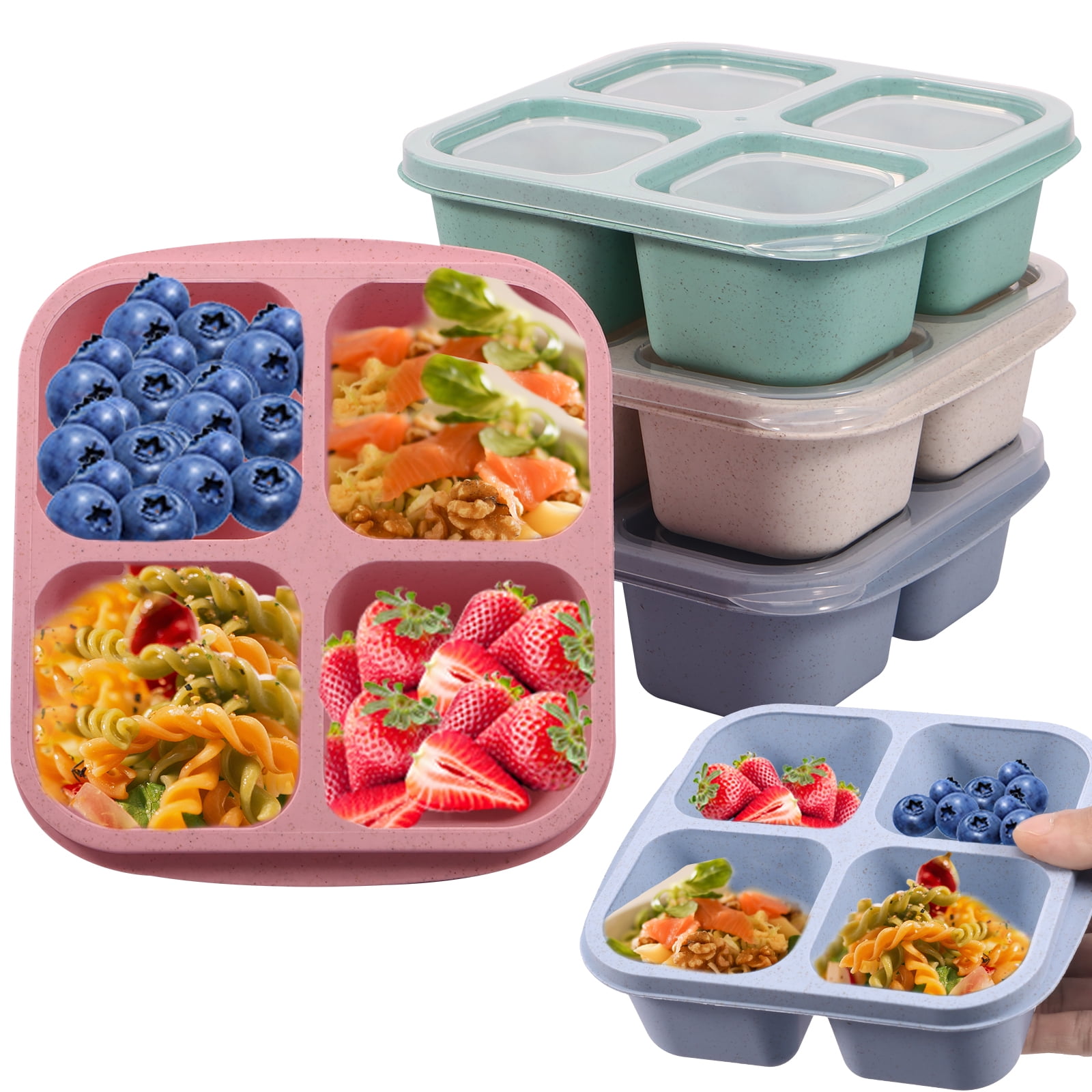 4 Pack Kids Snack Containers with Lid 4 Compartment Bento Snack Box Stackable Lunch Snack