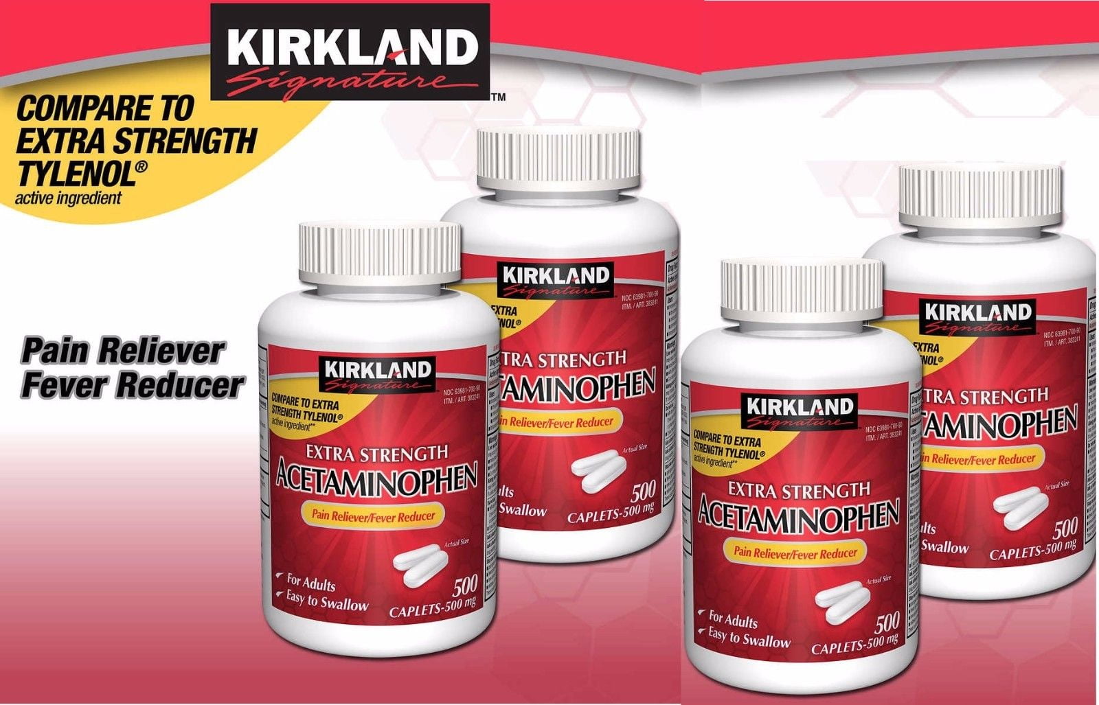 4 Pack Kirkland Signature Extra Strength Acetaminophen 500 mg., 500
