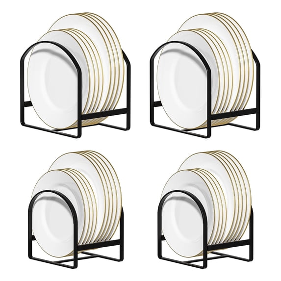 4 Pack Kitchen Plate Holder Organizer for Cabinet Space Saver Dinner Dish Plate Storage Rack Upright Dish Drying Racks Metal Dish Racks Stand for Cupboard and Countertop 2 Large 2 Small Black