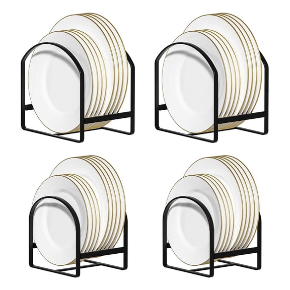 4 Pack Kitchen Plate Holder Organizer for Cabinet Space Saver Dinner Dish Plate Storage Rack Upright Dish Drying Racks Metal Dish Racks Stand for Cupboard and Countertop 2 Large 2 Small Black
