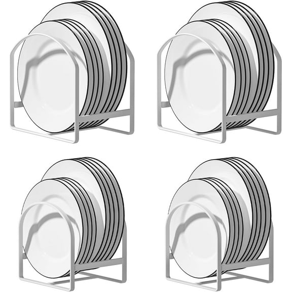 4 Pack Kitchen Plate Holder Organizer for Cabinet Space Saver Dinner Dish Storage Rack Upright Dish Drying Racks Metal Plate Dish Racks Stand for Cupboard and Countertop 2 Large 2 Small White
