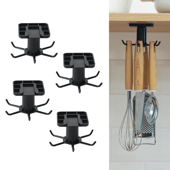 TIE-DailyNec 4 Pack Under Cabinet Adhesive Hooks 360 Rotation Plastic Hanging Rack for Kitchen Utensils, Tools, Towel, Knife, Walls, Black