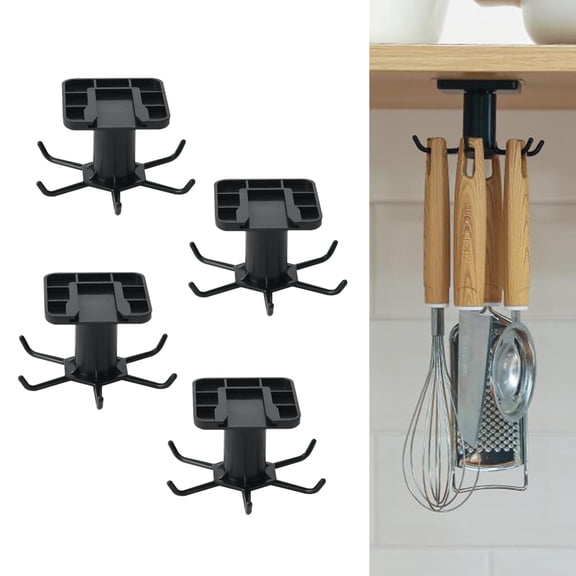 TIE-DailyNec 4 Pack Under Cabinet Adhesive Hooks 360 Rotation Plastic Hanging Rack for Kitchen Utensils, Tools, Towel, Knife, Walls, Black