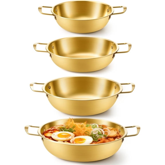 4 Pack Korean Ramen Noodle Pots, Golden Stainless Steel Korean Cooking Pots with Double Handle, Fast Heating Pot for Soup, Noodles, Pasta, Kitchen & Outdoor Use, Sizes 7.1", 8.7", 9.5", 10.2"