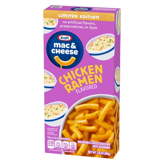(4 Pack) Kraft Mac and Cheese, 1 Box, for Easy Snack or Dinner Sides, Limited Edition Chicken Ramen Flavor, No Artificial Flavors, Preservatives or Dyes, 7.25 oz
