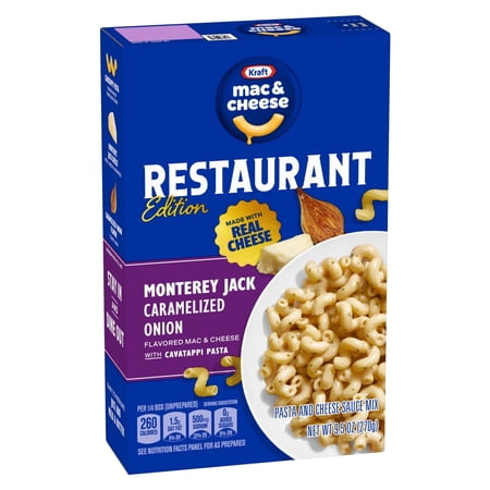 (4 Pack) Kraft Mac and Cheese Restaurant Edition Macaroni and Cheese, 1 Box, for Easy Mealtime Solutions, Monterey Jack Caramelized Onion Flavored, Made with Real Cheese, 9.5 oz