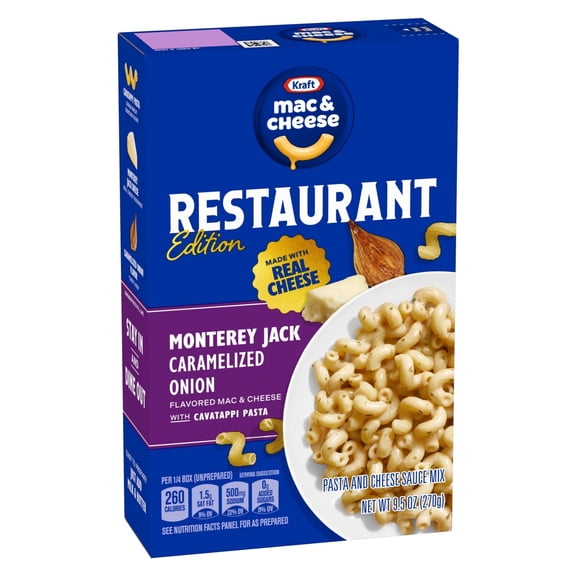 (4 Pack) Kraft Mac and Cheese Restaurant Edition Macaroni and Cheese, 1 Box, for Easy Mealtime Solutions, Monterey Jack Caramelized Onion Flavored, Made with Real Cheese, 9.5 oz