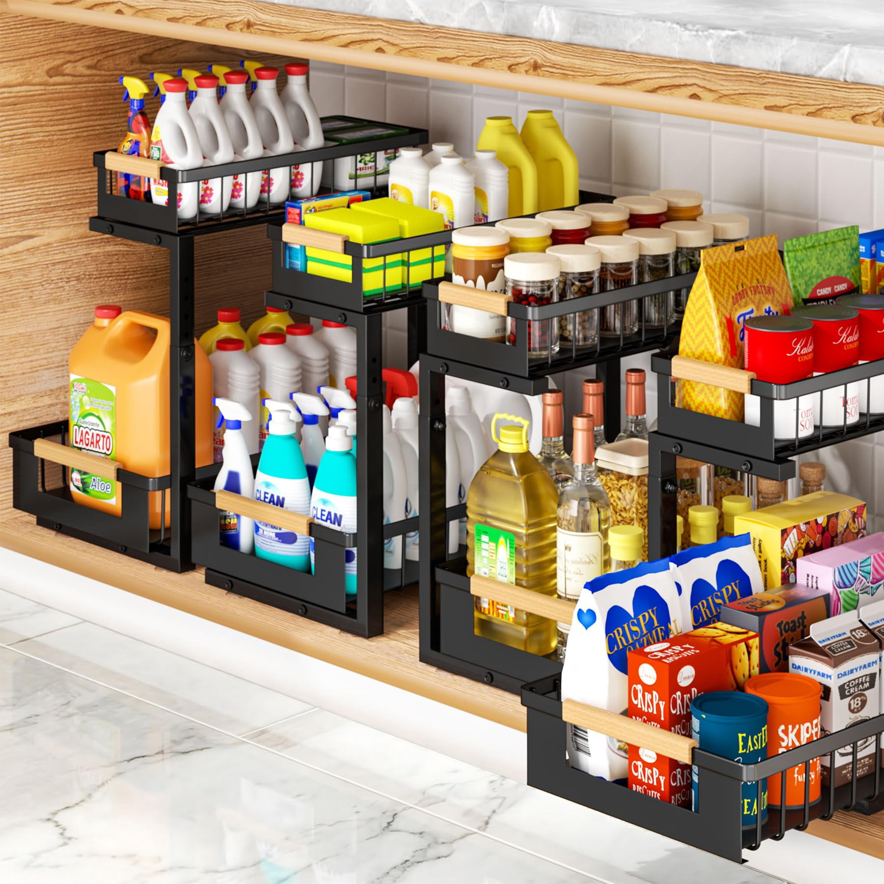 4 Pack L-shape Under Sink Organizer 2 Tier Pull Out Cabinet With 5 ...