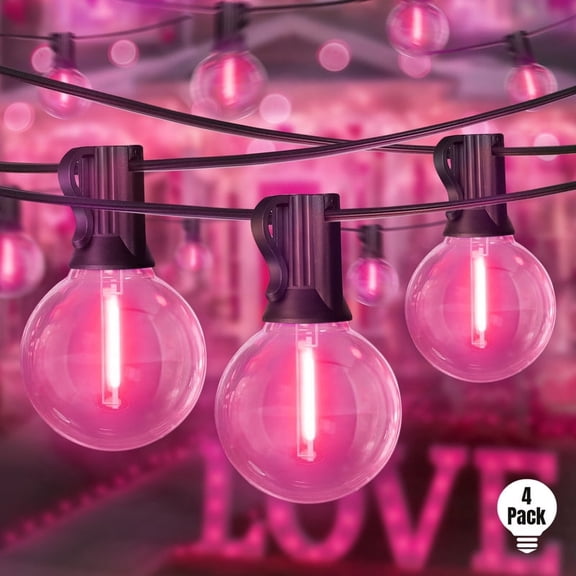 4 Pack LAMPHOME 26FT Valentine's Day LED String Lights, Pink 12+1 Shatterproof Edison Bulbs, Waterproof Connectable Dimmable Lights for Holiday Outdoor Decor
