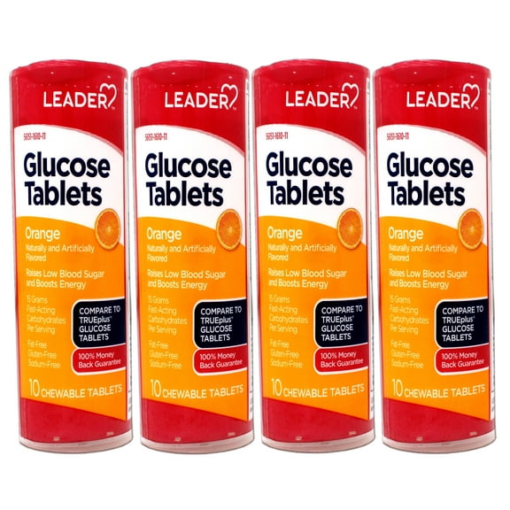 4 Pack - LEADER Glucose Tablets, Energy and Blood Sugar Support, Orange Flavor, 10 Count Travel Size