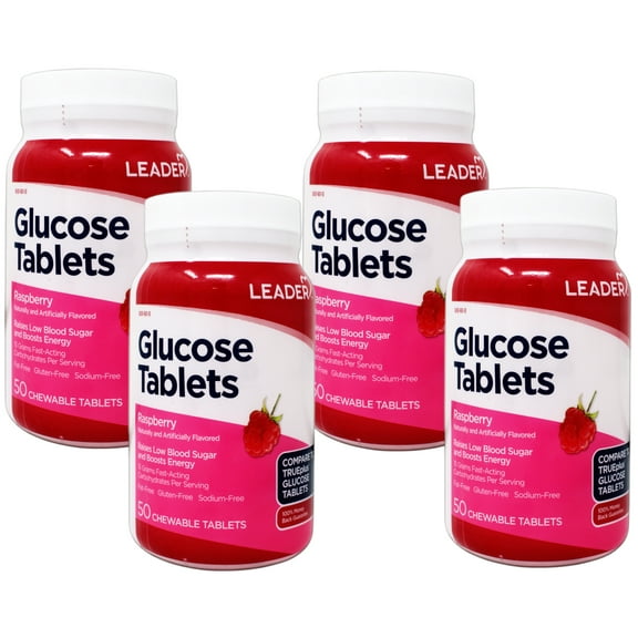 4 Pack - LEADER Glucose Tablets, Energy and Blood Sugar Support, Raspberry Flavor, 50 Chewable Tablets