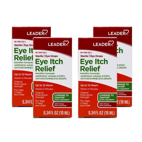 4 Pack - LEADER Sterile Eye Drops for Eye Allergy & Itch Relief, Ketotifen Antihistamine Solution 0.035%, Up to 12 Hours, Prescription Strength 0.34 fl oz