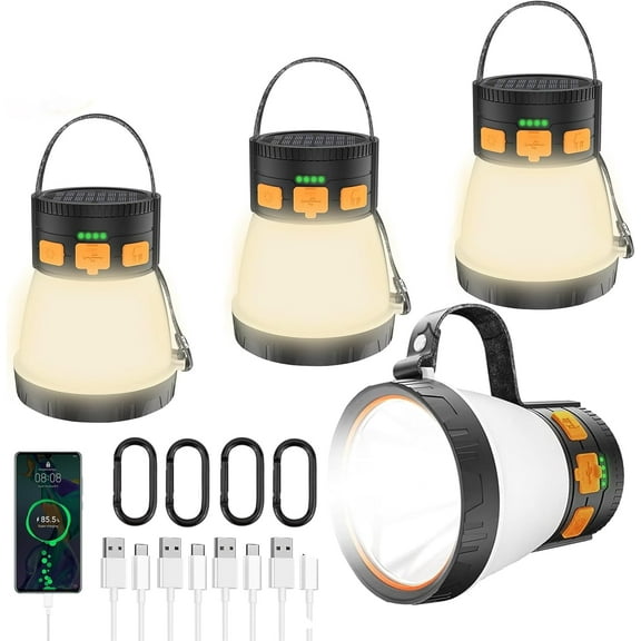 4 Pack LED Camping Flashlight,1500 Lumens Rechargeabl Hiking Lamp with Solar Panel Charging 8 Light Modes, 7500mAh Power Bank for Hurricane Emergency, Outdoor