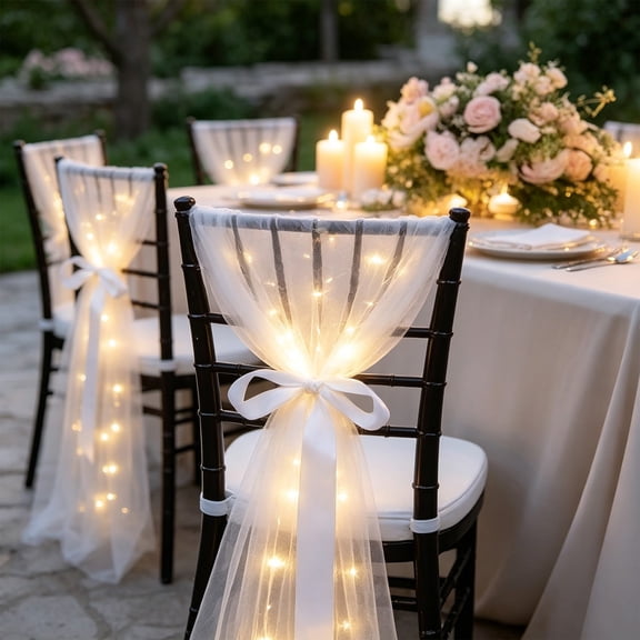 4 Pack LED Chair Sashes with Lights Wedding Chair Bows Light Up Chair Back Decorations for Wedding Ceremony Reception Bridal Shower Banquet Party Decor Polyester 47.2x15.7in Indoor Outdoor