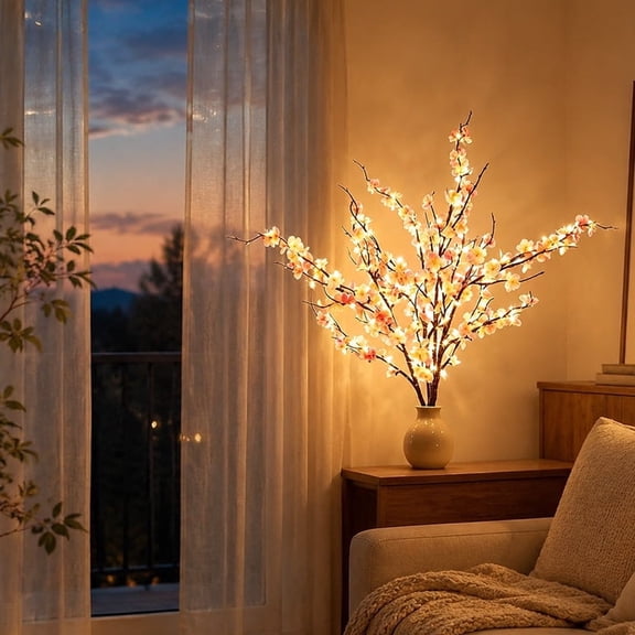 4 Pack LED Cherry Blossom Branch Lights, 24 Inch Floral Twig Strings, Flexible Branches With Timer, Warm White Vase Decoration For Home Wedding Party Decor, Home Decoration