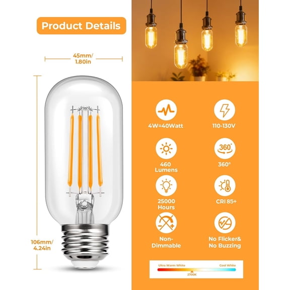 4 Pack LED Edison Bulbs, 4W Edison Light Bulbs 40W Equivalent, Vintage E26 LED Bulb T45 2700K Soft Warm White Clear Glass, 460LM Tubular Antique LED Filament Lights Bulb for Home, Non-Dimmable