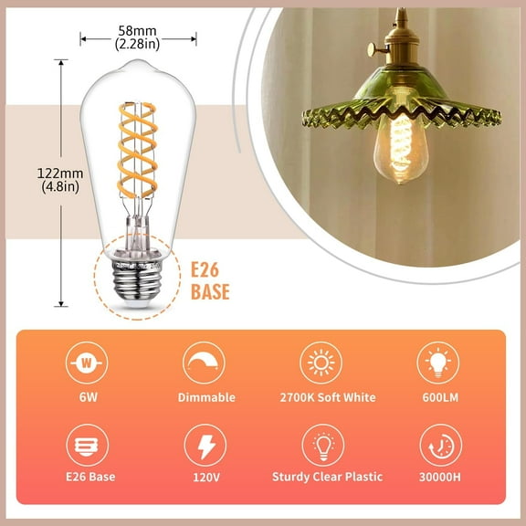 4 - Pack LED Edison Light Bulbs 60W Equivalent, Dimmable ST58 Vintage Light Bulbs, E26 Medium Base, 6W, 600LM, 2700K, 80+ CRI, Antique Decorative Filament LED Bulb.