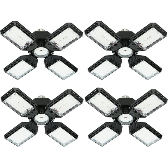 4-Pack LED Garage Light, 150W Deformable LED Ceiling Lights, 15000LM Garage Lighting with 4 Adjustable Panels, E26/E27 Shop Lights for Basement, Workshop, Attic