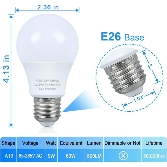 4 Pack LED Light Bulbs 60 watt Equivalent, Daylight 5000K, A19 Standard Light Bulbs, E26 Medium Base, 120V, Non-Dimmable