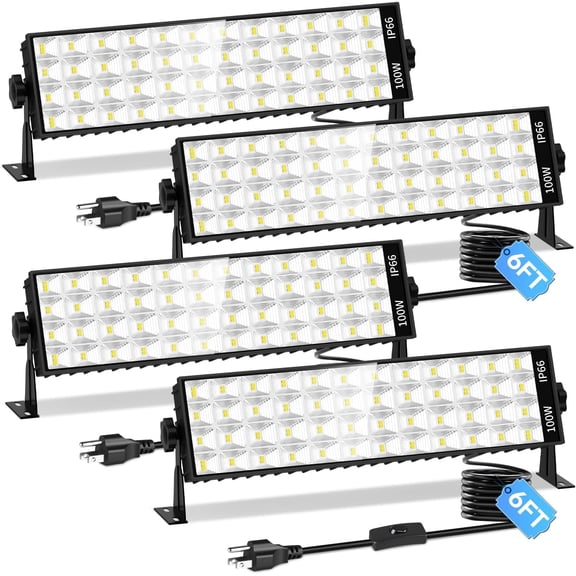 4 Pack LED Shop Light, 100W 11000LM Ultra Brighter, Plug in Garage Light with On/Off Switch + 6FT Cord, 6000K IP66 Waterproof Bay Lighting for Garage Workshop Workbench Warehouse Factory Yard Outdoor
