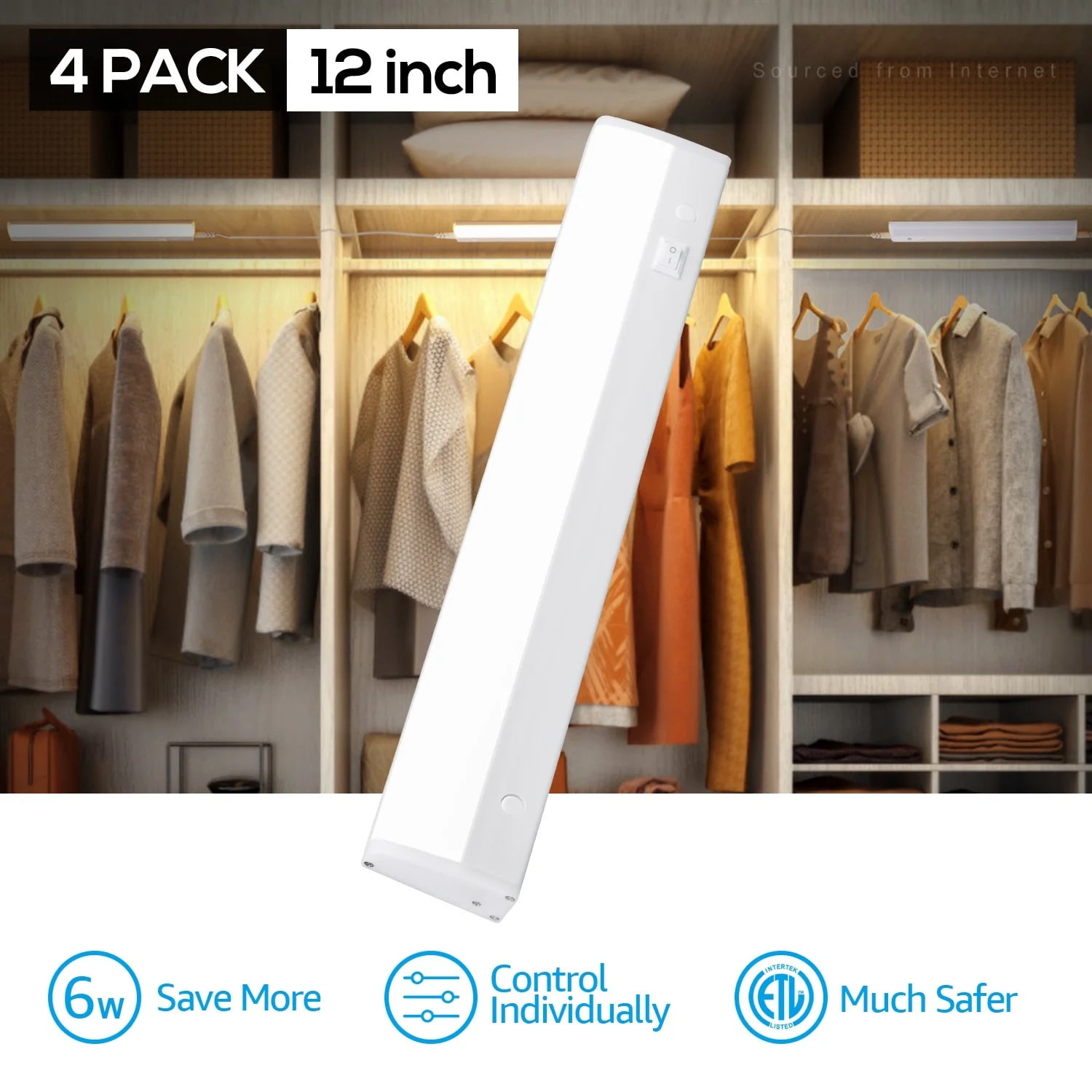 4 Pack LED Under Counter Light, 6W 12" Kitchen Under Cabinet Light, Linkable Closet Light, Plug-in, Warm White (Included 1*Power Cord)