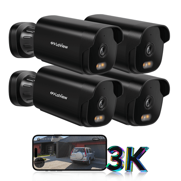 (4 Pack)LaView 5MP Security Camera Outdoor with Color Night Vision,3K Wired Cameras for Home Security,IP65 Waterproof Camera, 24/7 Live Video,2 Way Talk,Cloud Storage/SD Slot,Compatible with Alexa