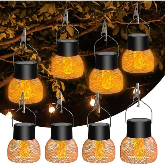 4 Pack Lanterns Outdoor Lights, Upgraded Metal Waterproof Flickering Flame Hanging Solar Lamps for Outside,Solar Powered, Decorative Solar Lanterns for Garden, Yard, Fence Tree   Black